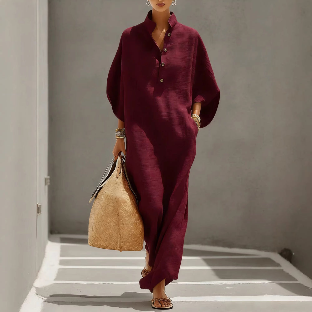fashion women's summer fashionloose stand collar buttons mid-sleeve long vacation style shirt dress