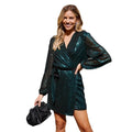 2025 new sequin mini wrap dress for women - v-neck, long sleeve, puff sleeve, sparkly wrap party dress