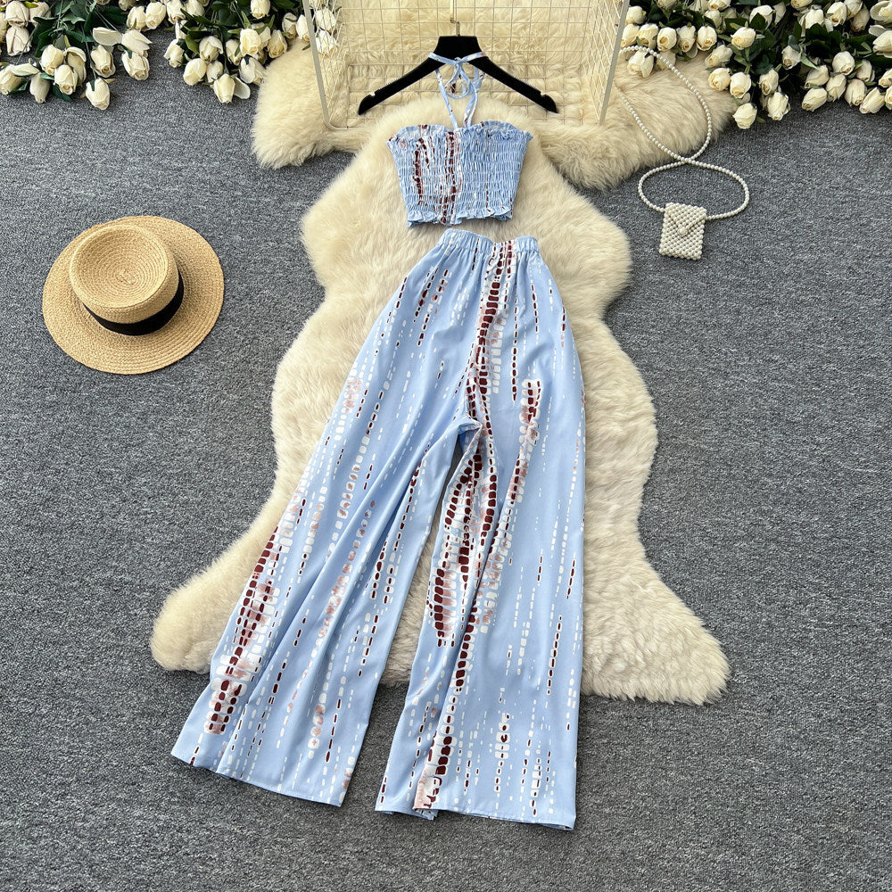 Korean style commute chic two-piece set: women's summer printed tank top and wide-leg pants outfit - high-waisted, slimming, and fashionable