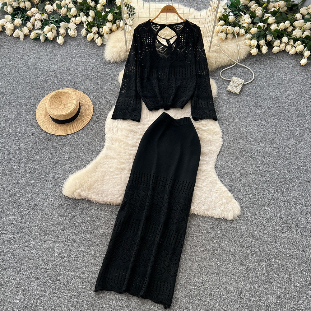 French chic crochet knit two-piece set: elegant, versatile, and slimming top & midi skirt outfit