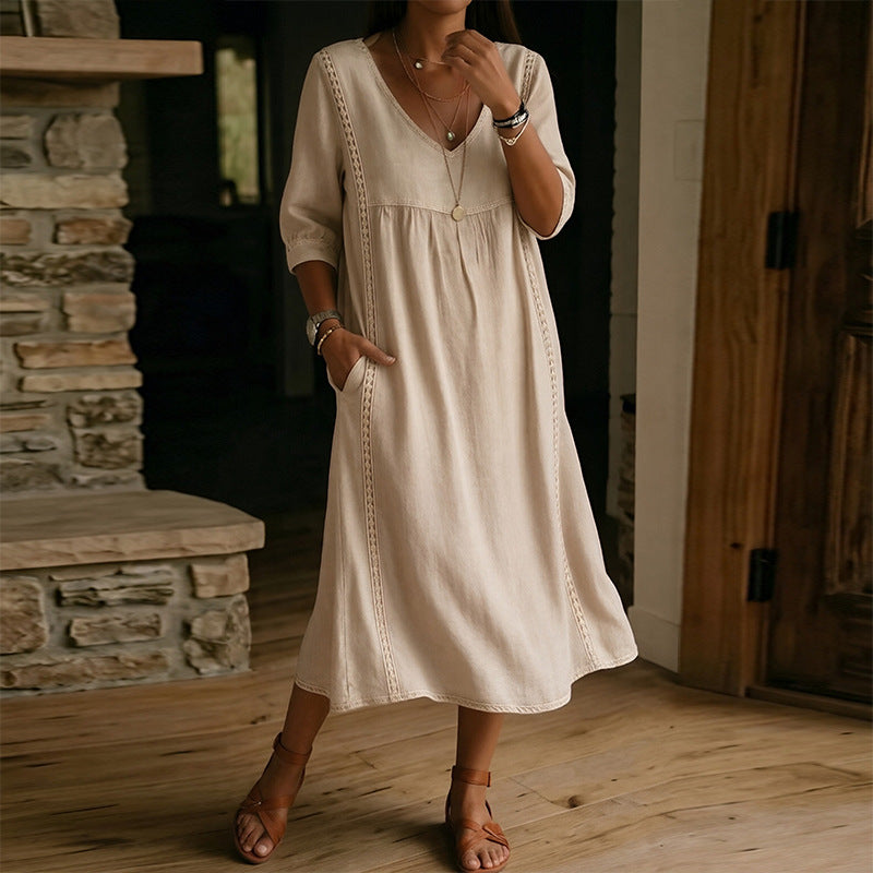 cross-border fashion: european & american style summer dresses - new arrivals. casual, loose-fit solid color v-neck pocket dress