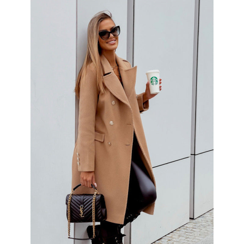 e-commerce european and american women's clothing   spring double-breasted mid-length woolen casual coat