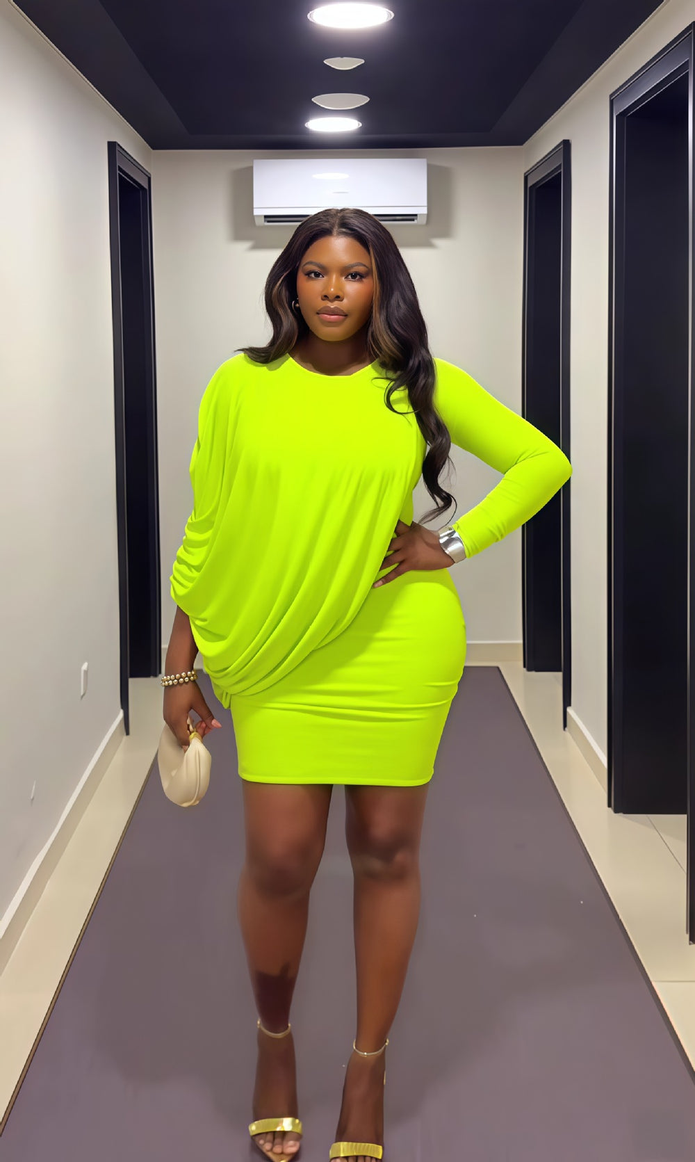European and american cross-border women's fashion  winter new arrival: solid color asymmetrical long sleeve crew neck bodycon sexy mini dress