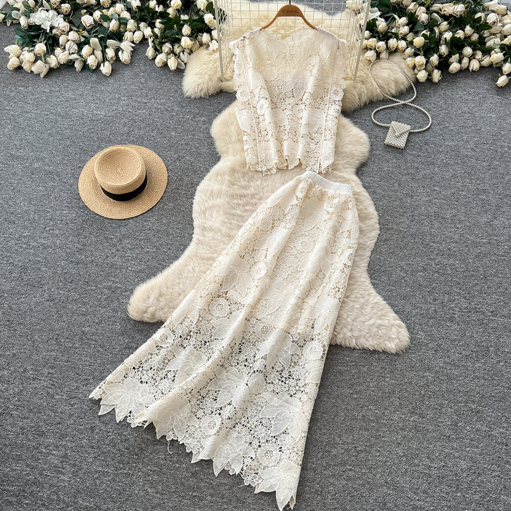 Elegant, age-defying, and perfect for the office: a white lace two-piece set for women. this summer's must-have features a figure-flattering, high-waisted design that exudes sophistication and grace