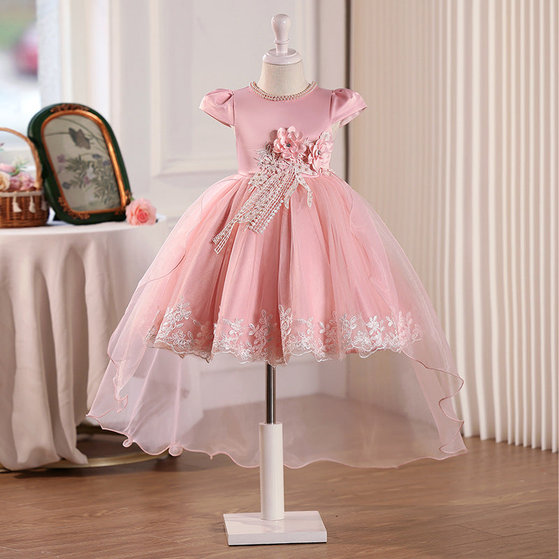 personalized girl dress with tail, short in front and long in back, eleganceelegant flower girl wedding dress, accessible luxury style niche style skirt