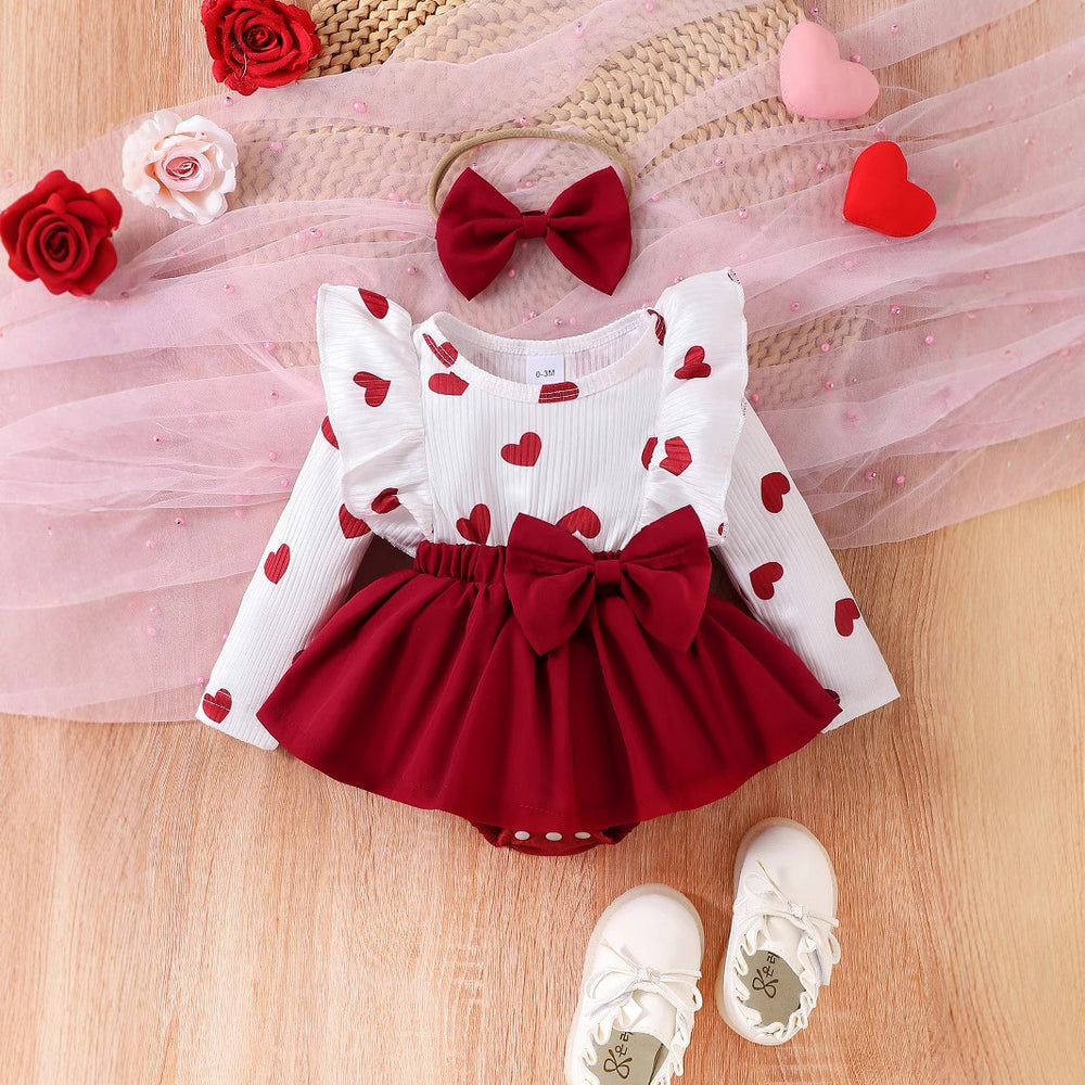 fashion baby girl sweet style red heart print flutter sleeve top with bowknot tutu skirt and hair tie set