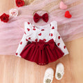 fashion baby girl sweet style red heart print flutter sleeve top with bowknot tutu skirt and hair tie set
