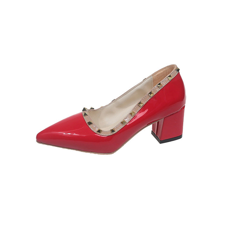 Chunky heel patent leather studded nude high heels women's 2026 new pointed toe low-cut soft sole fairy style elegant pumps