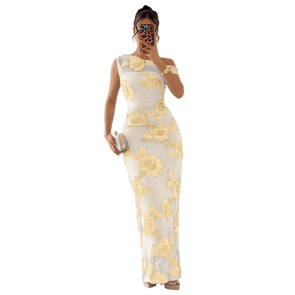 C7670 cross-border   fashion women's elegant mesh one-shoulder bodycon dress