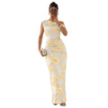 C7670 cross-border   fashion women's elegant mesh one-shoulder bodycon dress