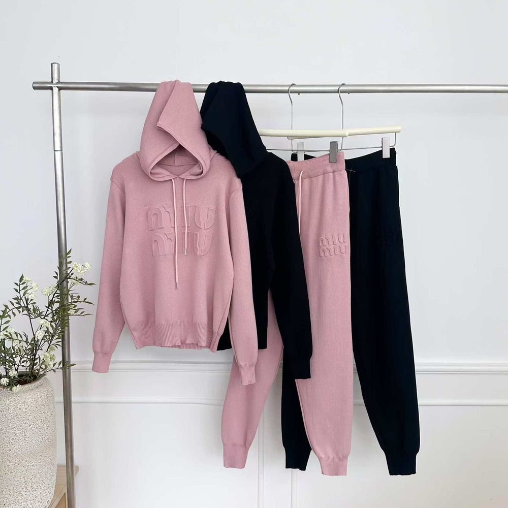 2025new arrivalfashionknittinglooseeasiest for matchhooded drawstringsweatshirt+high waistslimming look jogger pantstwo-piece setfemale