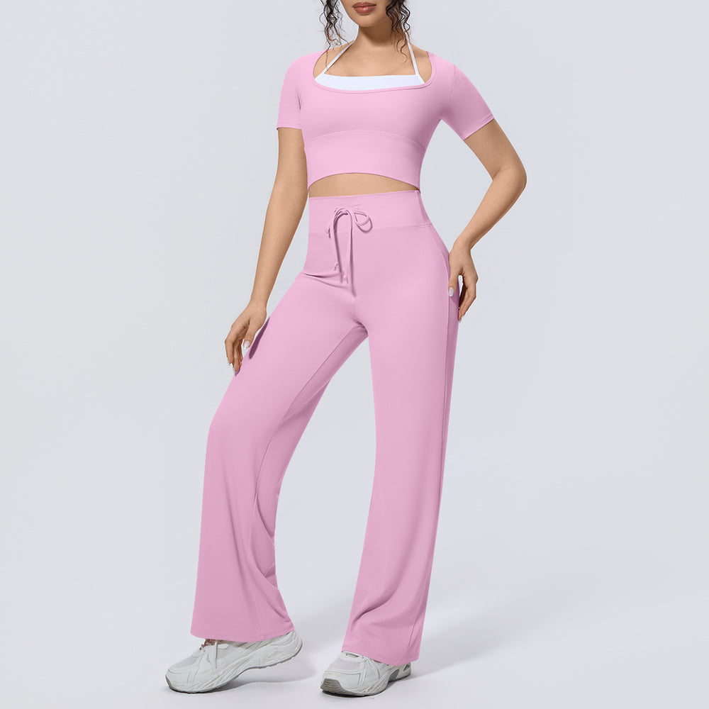 pure color double-piece nude high-elastic fake two-piece yoga suit sports running fitness short-sleeved two-piece set for women