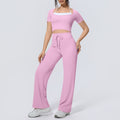 pure color double-piece nude high-elastic fake two-piece yoga suit sports running fitness short-sleeved two-piece set for women