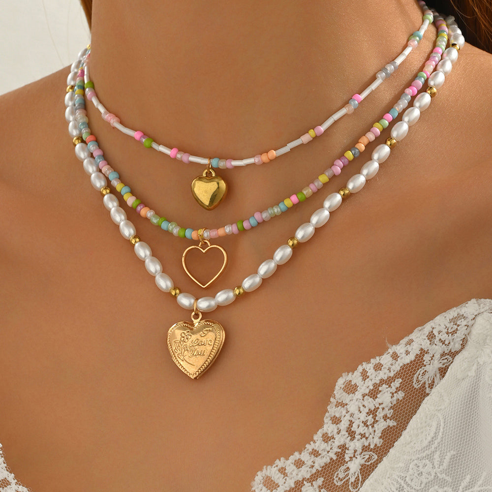 European and american cross-border bohemian heart pendant necklace, fashionable multi-layered colorful beaded faux pearl choker
