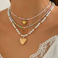 European and american cross-border bohemian heart pendant necklace, fashionable multi-layered colorful beaded faux pearl choker