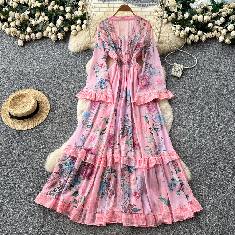 Vacation style printingv neck lantern sleeve dress women's early spring waist ruffles a-line long skirt classy style