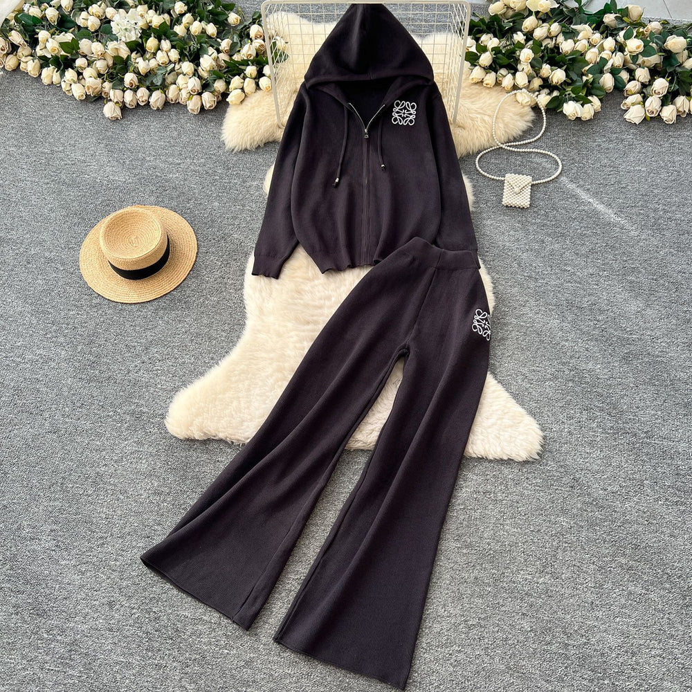 Premium knit sweater set for women - autumn collection: relaxed fit, intricate embroidery, hooded knit top, high-waisted wide-leg straight pants