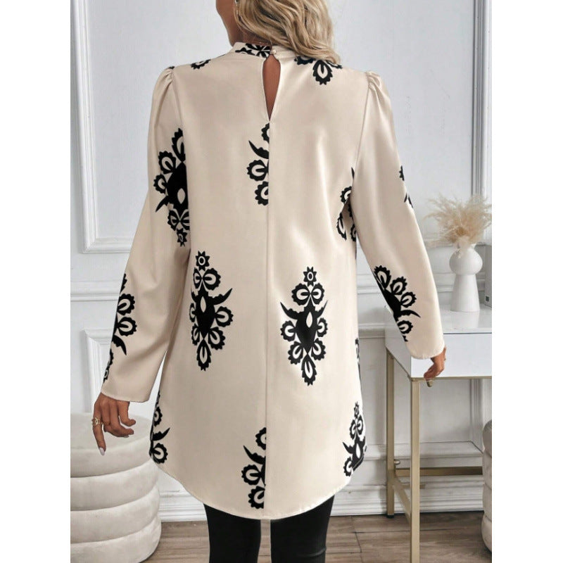 women's black floral print ribbed collar blouse with bubble sleeves and asymmetrical hem satin casual top