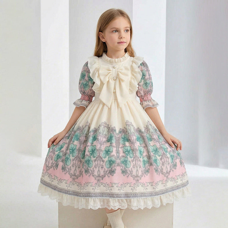 Girls' chiffon printed custom pattern dress - stylish, trendy bubble sleeve - cross-border wholesale children's clothing
