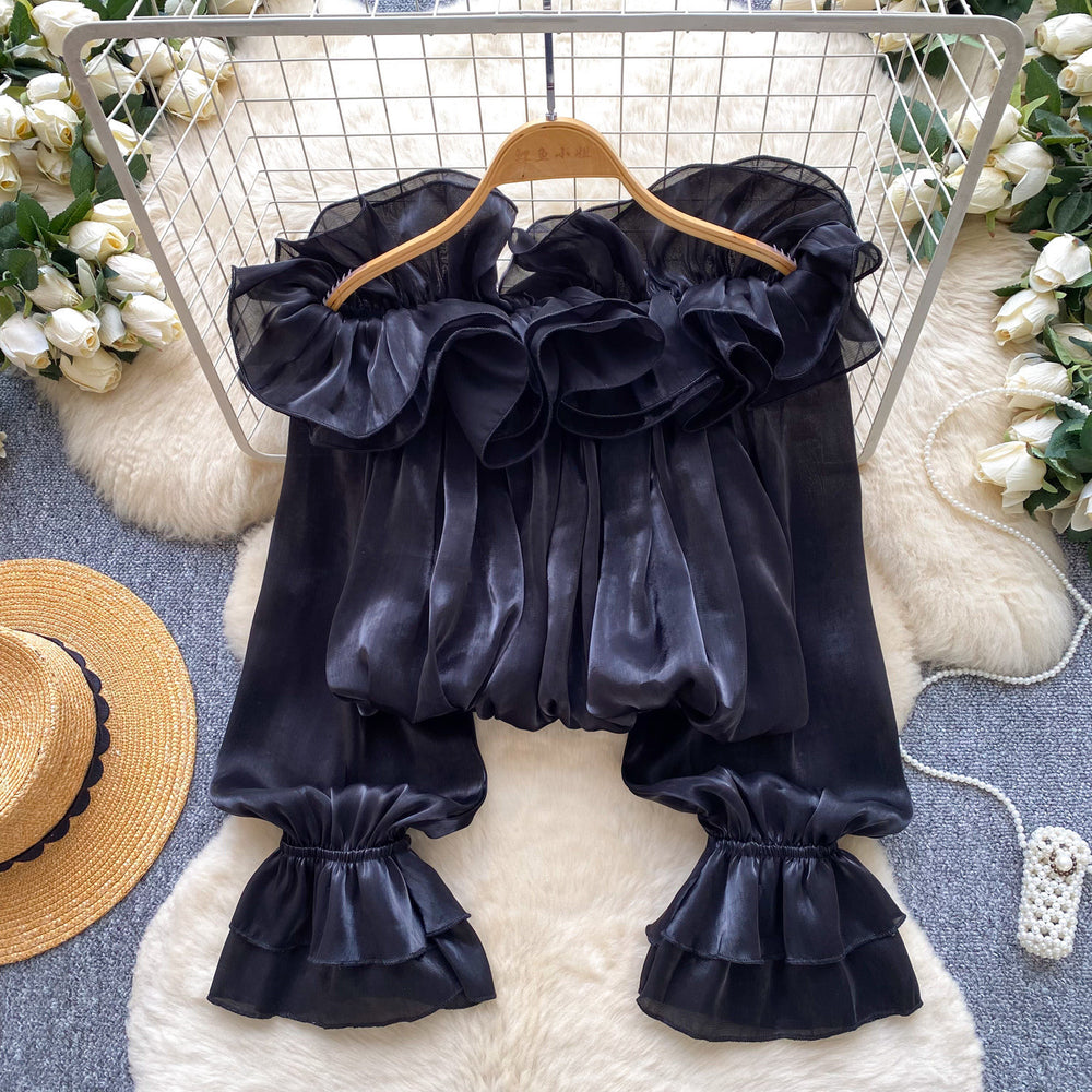 Sweet style one shoulder fungus chiffon shirt women's summerk-stylelong sleeveslooseslimming lookpinkeleganttops