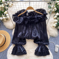 Sweet style one shoulder fungus chiffon shirt women's summerk-stylelong sleeveslooseslimming lookpinkeleganttops