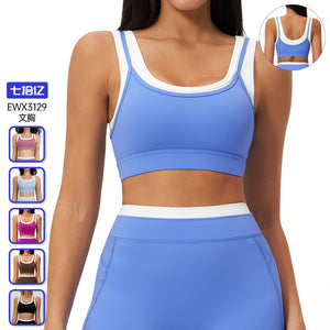 nude feel fake two-piece sports bra ribbed color block yoga bra running fitness sports bra 3129