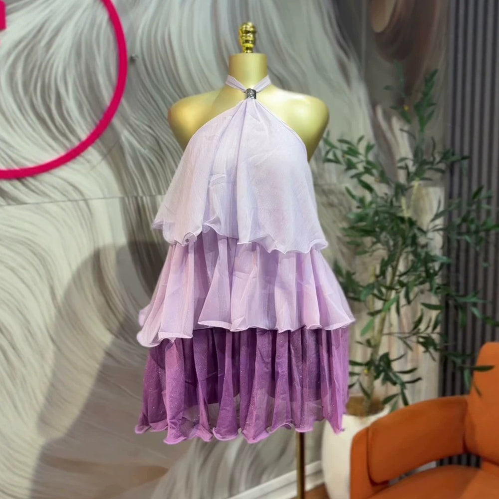 European and american cross-border women's fashion:  summer new arrival - sweet and cute halter neck ruffle sleeveless mini cake dress