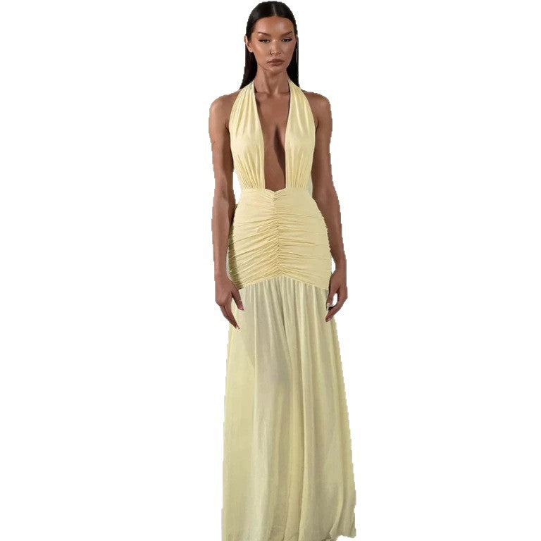 Amazon cross-border women's fashion:  autumn new arrival - elegant halter neck deep v-neck patchwork waist-defining backless dress