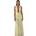 Amazon cross-border women's fashion:  autumn new arrival - elegant halter neck deep v-neck patchwork waist-defining backless dress