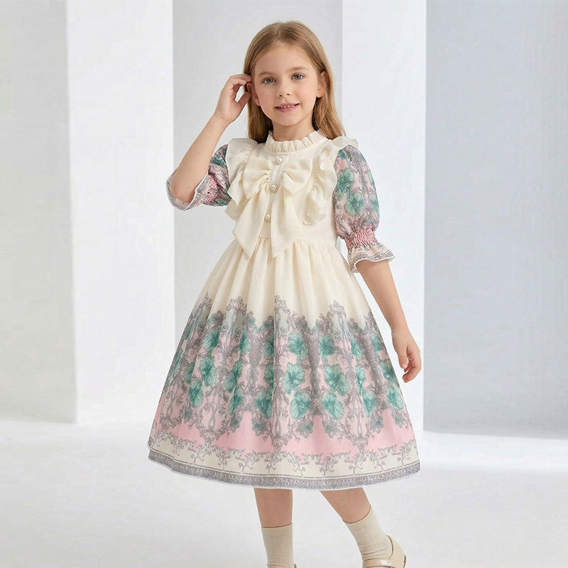 Girls' chiffon printed custom pattern dress - stylish, trendy bubble sleeve - cross-border wholesale children's clothing