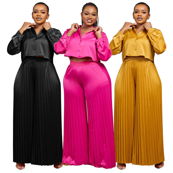 N8034 European and American large-size women's clothing  autumn and winter models, casual shirts, tops, wide-leg pants, folded two-piece sets,