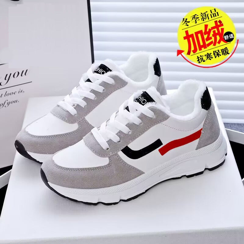 Women's leather sneakers - winter fleece-lined cotton shoes, new versatile casual flats, non-slip waterproof leather running shoes