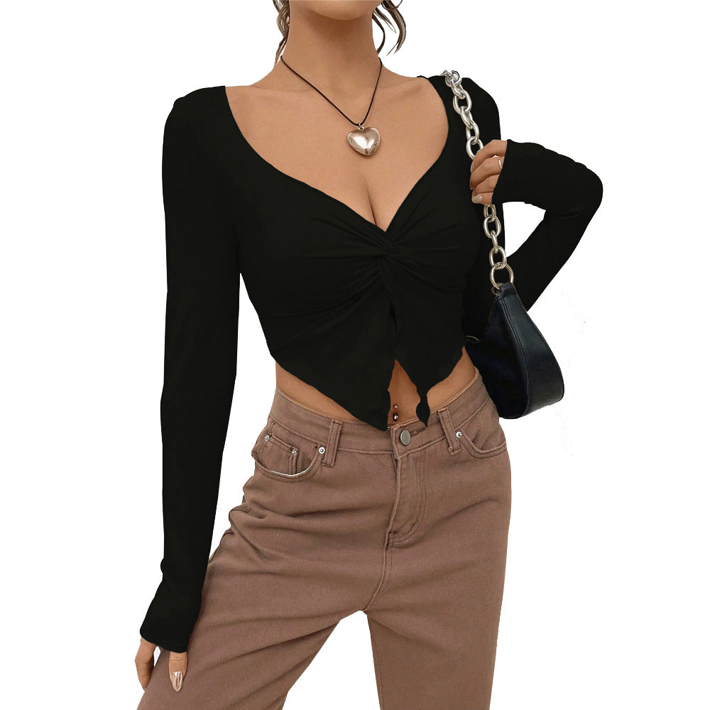 european and american women's clothing  fall/winter new slim-fit v-neck twist knit fashion crop top long sleeve top