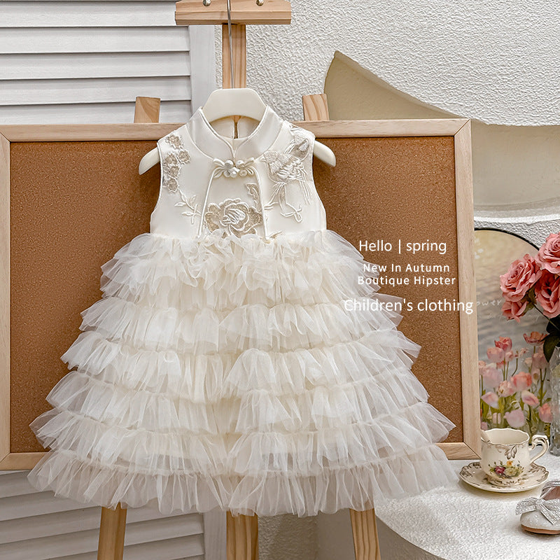 summer girls' dress: new chinese style 3d embroidered formal gown, high-end princess dress, sleeveless vest princess dress
