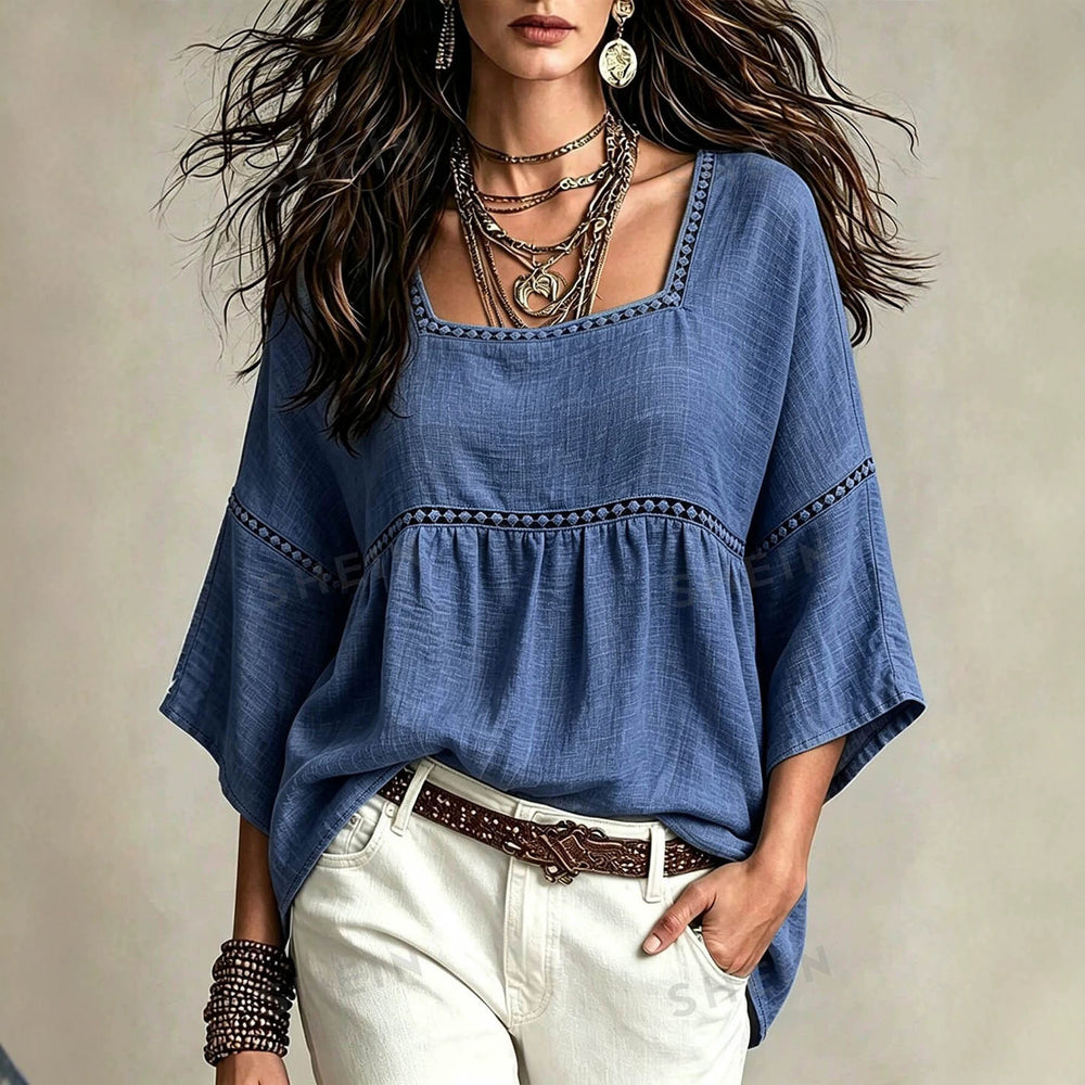 European and american bohemian style plus size women's square neck hollow-out lace trim loose babydoll top with three-quarter sleeves