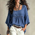 European and american bohemian style plus size women's square neck hollow-out lace trim loose babydoll top with three-quarter sleeves