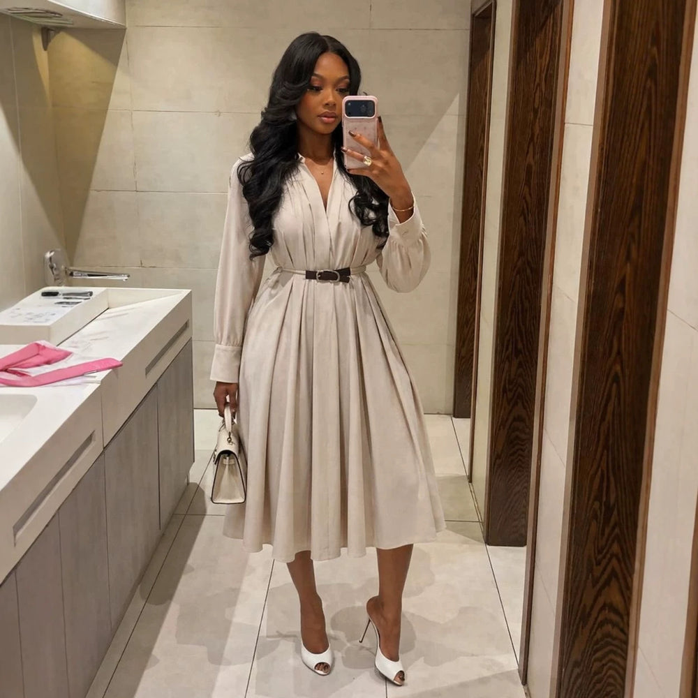 European and american cross-border women's clothing:  summer new arrival - elegant and chic lapel waist-tightening midi shirt dress with long sleeves
