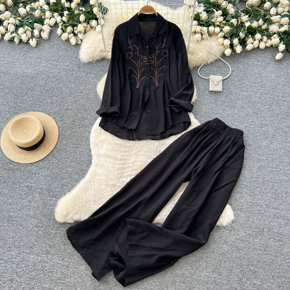 Lazy style pink embroideringshirtloose pantstwo-piece set female autumcasualcasualwork clothingslimming lookelegantsuit