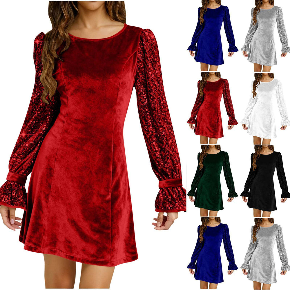 european and american   women's fashion solid color round neck gold velvet sequin long sleeve dress