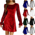 european and american   women's fashion solid color round neck gold velvet sequin long sleeve dress