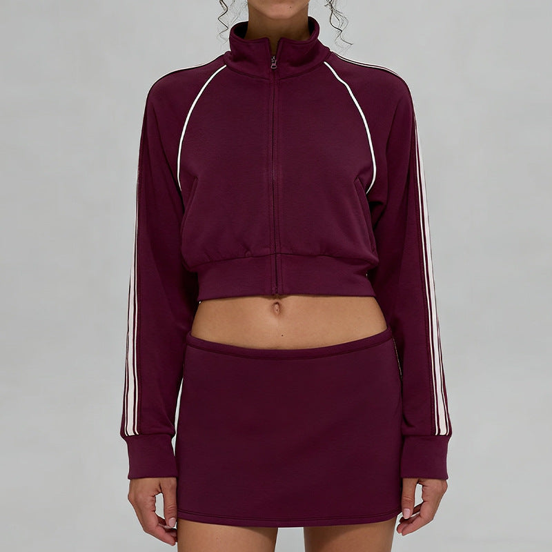 Fall and winternew arrivalmodal air layer sandwiched with white strips breathable stand collar zipper outwear short skirt casual sports suit for women