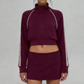 Fall and winternew arrivalmodal air layer sandwiched with white strips breathable stand collar zipper outwear short skirt casual sports suit for women