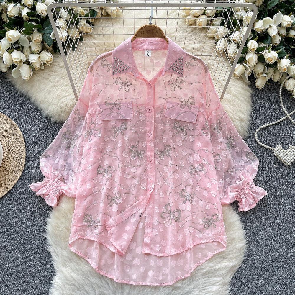 Light mature fashion heavy industry butterfly hot diamond thin long sleevesshirt women's looseslimming lookcasual single-breasted chiffon tops