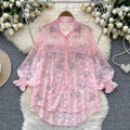Light mature fashion heavy industry butterfly hot diamond thin long sleevesshirt women's looseslimming lookcasual single-breasted chiffon tops