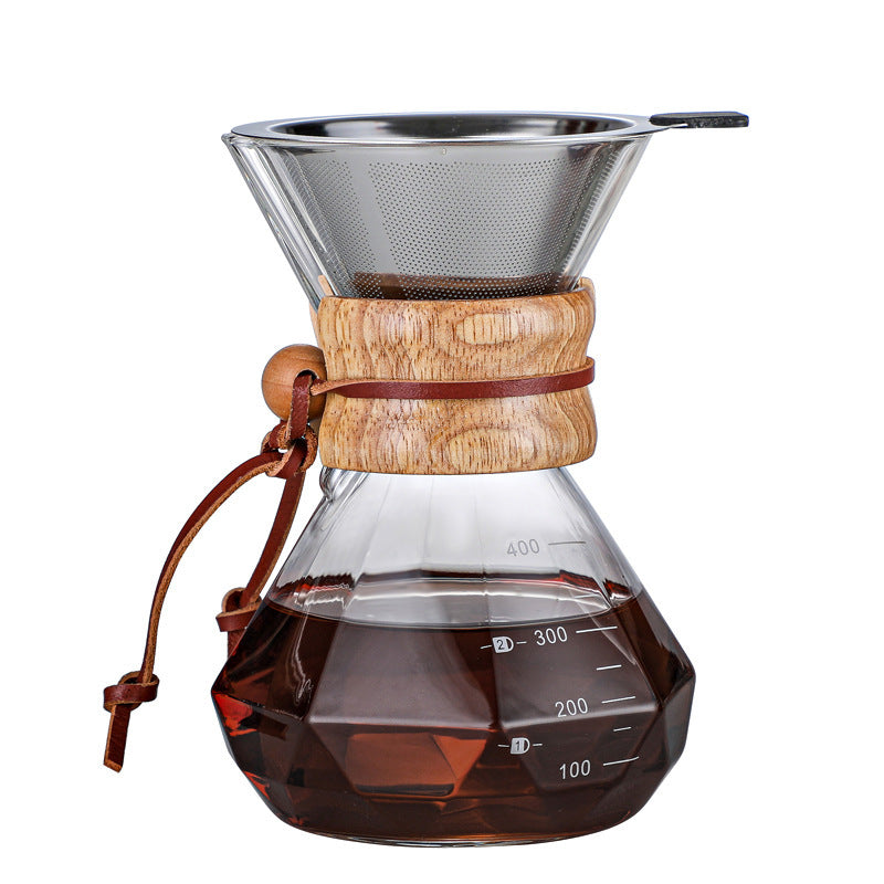 pour-over coffee maker set, diamond-shaped chemex sharing carafe, heat-resistant glassware for home use, with logo imprinting available