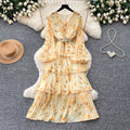 French romantic style printed long sleeve dress - women's spring slimming ruffle pleated tiered cake dress - elegant