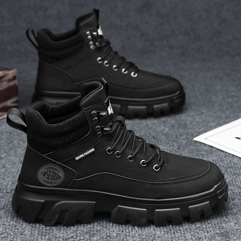 High-top men's shoes winter leather waterproofthick sole hidden heel british style rhubarb bootsmenhiking short boots