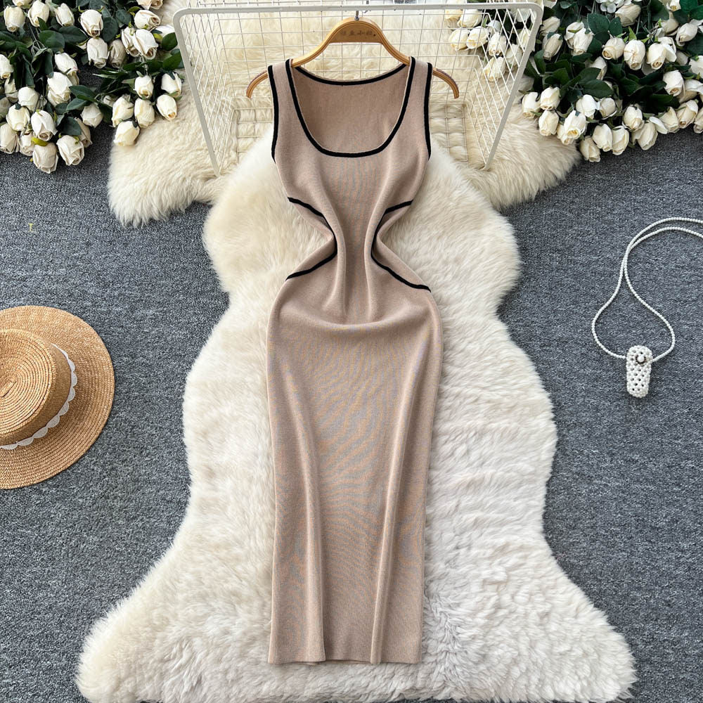 Xiaoxiangfengclassy contrast colorbows strappy long sleevesdress women's metal buckle waist slimming lookknitting short skirt