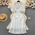 European style gold embroidered lace dress - women's summer a-line dress with delicate cutouts, ruffle sleeves, and a touch of luxury