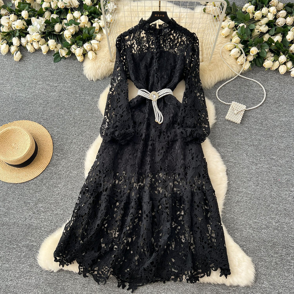 French retroelegancedresswinternew arrivalclassy sensecut out crochet lace waist elegant long skirt